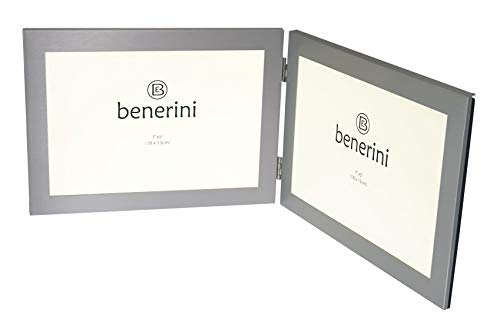 Benerini 2 Picture - 7 X 5 Inches Brushed Aluminium Silver Colour Horizontal Double Folding Photo Frame Gift - Takes 2 Photos Of 7 X 5 Inches (18 X 13 Cm) - Landscape Style #TOP3
