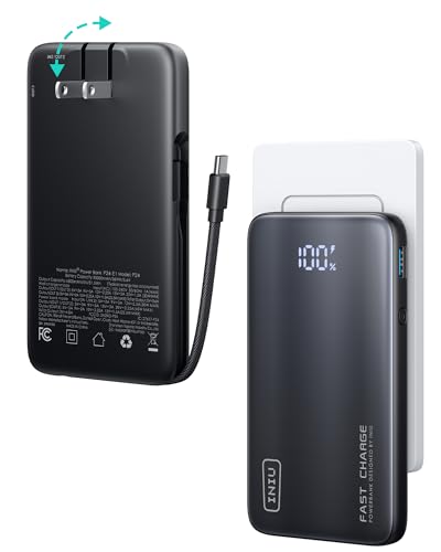 INIU 3-in-1 Portable Charger, 45W 10000mAh Fast Charging Power Bank, Built-in USB C Cable & Foldable Wall Plug, Travel Essentials, Battery Pack for iPhone 17 16 15 Series, Samsung, MacBook, etc.