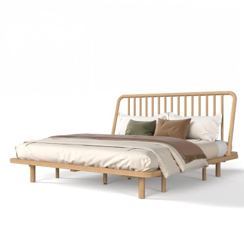 Image of Bellemave Queen Bamboo Bed Frame with Slatted Slanted Headboard,Natural