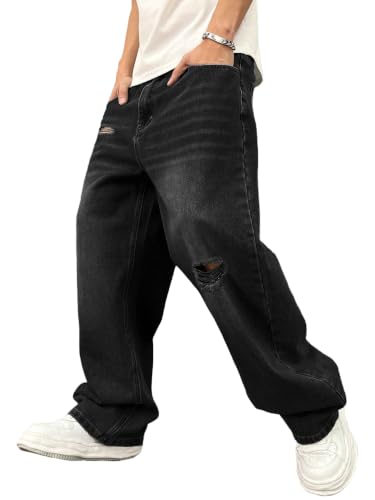 Image of ALLABREVE Men's Baggy Hip Hop Jeans Y2k Wide Leg Denim Pants Relaxed Fit Skater Trousers Streetwear