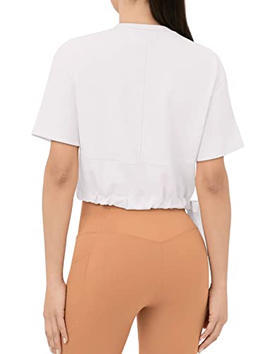 Cyanstyle Women's Workout Crop Drawstring Running Shirts Crew Neck Short Sleeve Tennis Tops White Small #TOP1