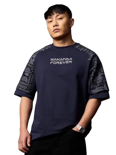 Image of The Souled Store: Black Panther Wakanda Forever Men and Boys Short Sleeves Round Neck Graphic Printed Cotton Oversized Comfortable Lightweight All-Season T-Shirt