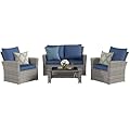 VONZOY 4 Pieces Patio Furniture Set,Wicker Outdoor Sectional Sofa Sets, Grey PE Rattan Patio Conversation Set for Balcony, Porch, Blue