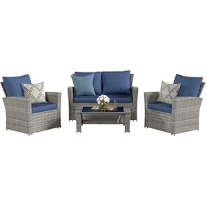 4 Pieces Patio Furniture Set, Wicker Outdoor Sectional Couch Sofa Sets, Grey PE Rattan Patio Conversation Set for Balcony, Porch, Blue