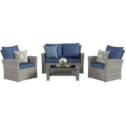 4 Pieces Patio Furniture Set, Wicker Outdoor Sectional Couch Sofa Sets, Grey PE Rattan Patio Conversation Set for Balcony, Porch, Blue