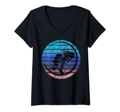 Mujer Bonsai Árbol Japón Buda Zen Meditación Retro Regalo Camiseta Cuello V