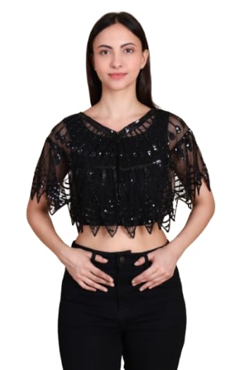 a ali aksa craft Women’s Black Sequin Embellished Poncho Cape Top | Stylish Party Crop Top for Women | Net Bead Embroidery Fancy Top-picture-22