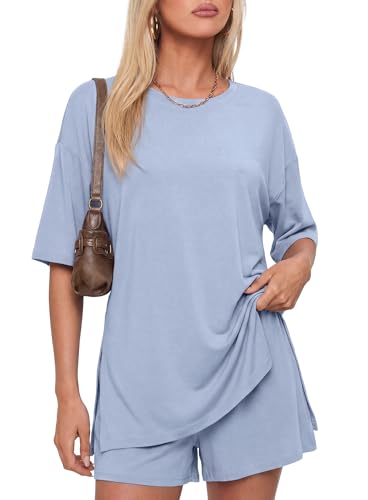Image of Darong Women's 2 Piece Shorts Set Loungewear | oversized tshirts,crew neck top,drawstring shorts,elastic waist, side pockets,summer travel outfits