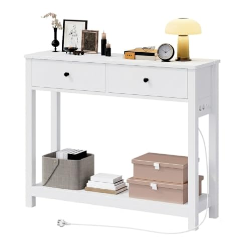 Xbro Mesa de Consola con Tomas de Corriente, Mesa de Pasillo con 2 Cajones y Estante, Mueble Recibidor Entrada para Entrada, Pasillo,Salón,100 x 30 x 80 cm,Blanco