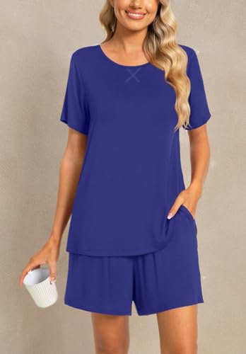 Image of Findsweet Pajama Set for Women 2 Piece Lounge Set Soft Sleepwear Summer Casual Short Pjs Sets with Pockets M-3XL