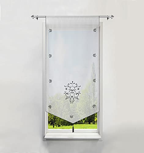 BAILEY JO 1Pièce Rideau Voilage Brise-bise en Polyester Broderie Fleurs avec Pompon Rideaux Courts Décoration de Fenêtre Chambre/Salle de Bain/Café/Cuisine (LxH/80x160cm, Gris/Blanc)