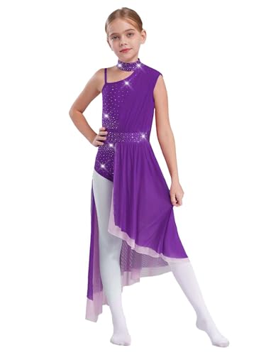 JEATHA Vestido De Danza Lírica con Lentejuelas para Niñas Leotardo Patinaje Artístico Sin Mangas Maillot De Gimnasia Rítmica Competición Morado 15-16 años