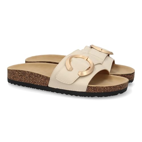 shoes&blues.es 93068 Sandalia Plana de Mujer, Comoda y Elegante, Diseno Moderno con Material Bio, Detalle metalico en la Pala, Ideales para Primavera Verano. Beige Talla 37