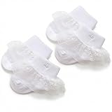 GIYAWA Christening Ankle Socks for Baby Girl White Cotton with Eyelet Lace & Cross Embroidery, Newborn Baptism Accessories, Infant Dress, Pack of 2