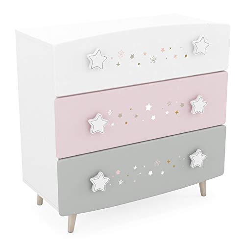 LASTMEUBLES Stella - Commode Enfant, 3 tiroirs de Rangement, décor Pastel et étoiles, 44x33.7x38.8cm Cover
