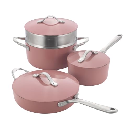ProCook Soho Coral Pink Pan Set with Stainless Steel Handles Non Stick Induction & Oven Safe Stylish Modern Cookware Set 4 Piece, 18/24/26 cm, 2.1/3/4.8 L
