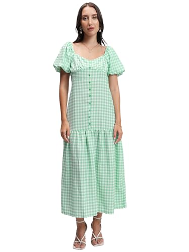 Image of Tokyo Talkies Womens Dresses for Women | Checkered Print | Front Button Detail | Sweetheart Neck | Midi Dress | Puff Sleeves | Elegant Fit | Dress for Women | Women Dress | Stylish Women Dress