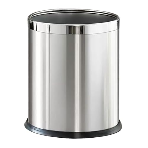2.6/3.7 Gallon Round Metal Trash Can Without lid, Dual Layer Rust-Proof Garbage Bin, Waste Basket with Gold Edge or Silver Edge for Bathroom,Bedroom,Kitchen, Hotel,Office (10L Silver)