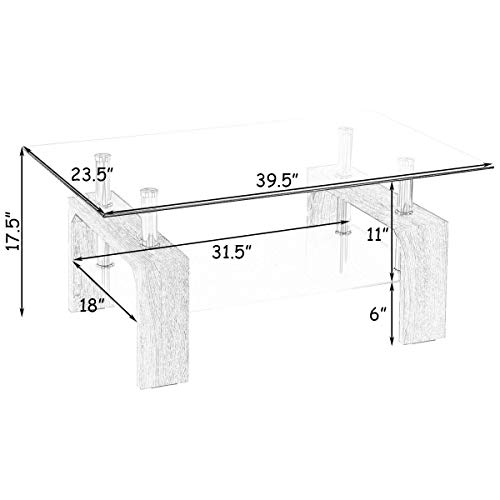 Tangkula Rectangle Glass Coffee Table, 2-Tier Tea Table W/Tempered Glass Tabletop & Stainless Steel Tube, Modern Center Side Table W/Wooden Legs & Lower Shelf, Glass End Table For Living Room #TOP2