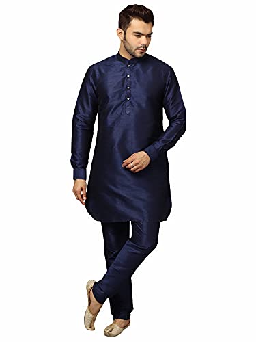 Image of Uri and MacKenzie Men's Silk Blend Solid Pathani Kurta with Readymade Pajama Pant Set
