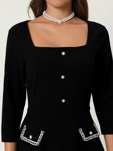 Women's 2024 A-Line Dress Work Square Neck Tweed 3/4 Sleeve Dresses4