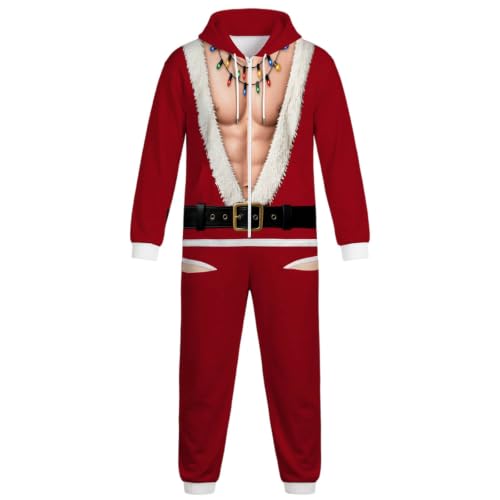 Men Ugly Christma Full Zip Hooded Onesie Novelty One Piece Pajama Set - image 5
