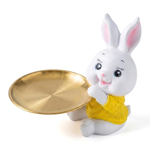 Farmhouse Rabbit Candy Dish,Resin Bunny Statue with Bowl for Candy,
