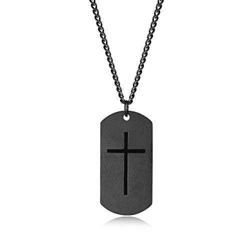 JAYUMO Fashion Stainless Steel Military Cross and Bible Verse Prayer Dog Tag Pendant Necklace Curb Chain 22-24 Inch?Black, Silver (Isaiah 41:10 Black Pendant + 24 Inch Chain)