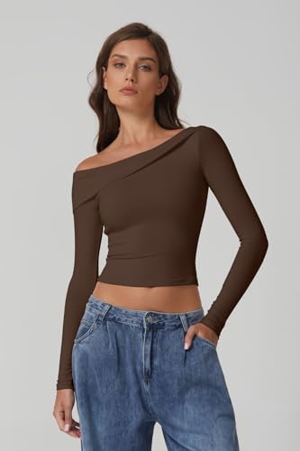 QINSEN Women Long Sleeve Off Shoulder Tops Trendy Double Lined Going Out Shirt for Fall2