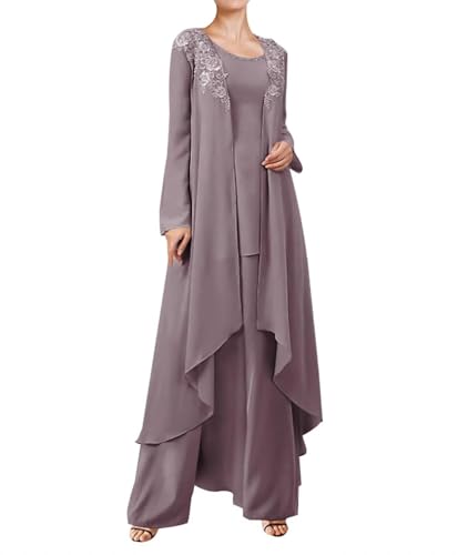 3 Pieces Mother of The Bride Dresses Pant Suits for Wedding Guest Groom Outfit Lace Chiffon Formal Gown Set with Jacket Mauve 24