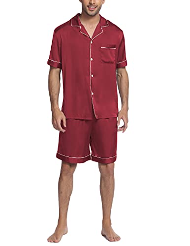 Image of Ekouaer Mens Satin Pajamas Set Button-Down Short /Long Sleeve Shirt Top Soft Silk Sleepwear Loose Pocket Pant Loungewear