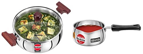 Image of Hawkins Tri-Ply Stainless Steel Induction Compatible Cook n Serve Handi with Glass Lid, 3 Litre, 22 cm, 3 mm & Stainless Steel Induction Compatible Tpan, 1 Litre, 4.7 mm