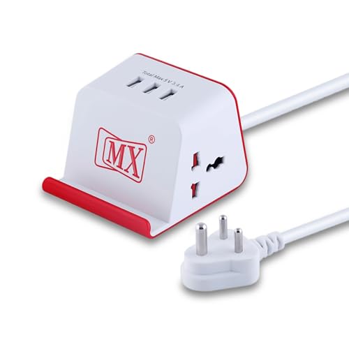 Image of MX Cube Universal Spike Guard with 2 Universal Sockets + 3 USB Charging Ports (3.4A) | Surge Protector with 1.5M Extension Cord | Compact Multi Plug Power Strip for Home, Office, Travel