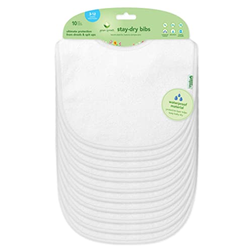 green sprouts Stay-dry Baby Bibs (10 pack) Waterproof protection, Adjustable hook-&-loop closure, Machine washable , White