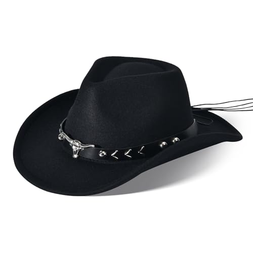 Ekulforg Cowboy Hat for Men Women Unisex Western Cowgirl Hat Wide Brim with Buckle Belt for Carnaval Costume Party Play Dress Up Halloween Cosplay (Black 02 M)