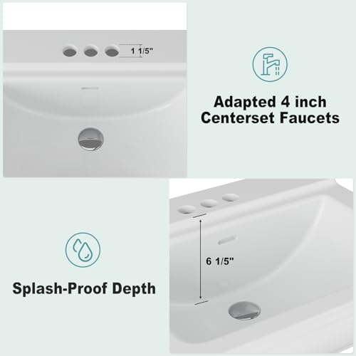 Bathroom Pedestal Sinks, Ceramic Pedestal Sink 26 x 22 Inch with 3 Faucet Holes (4 Inch Centerset), Rectangular Basin for Modern Family Bathrooms, Space-Saving Vanity Alternative