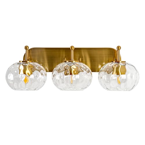 Image of 23 inch Gold Vanity Light Clear Hammered Glass Wall Sconce 3-Light Brushed Brass Wall Lamp for Hallway Living Room Stairwell Bathroom Over Mirror