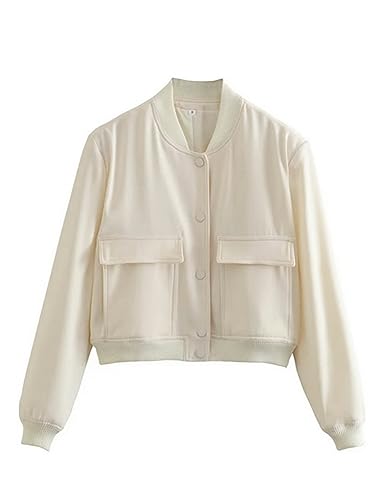 Megfie Womens Cropped Bomber Jacket Button Down Varsity Jackets Shackets with Pockets(0394-Beige-M)