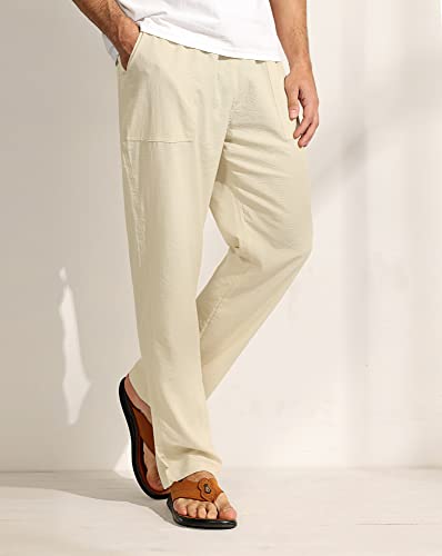 Ficerd 2 Pcs Men's Drawstring Linen Pants Men Casual Beach Trousers With Pocket Lightweight Elastic Yoga Pant (White, Apricot, Xx-Large) #TOP1