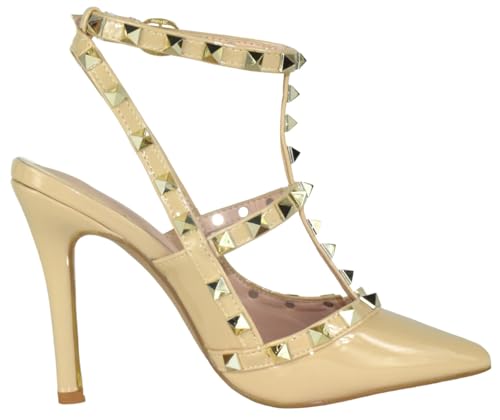 Forever Shoes Women Stiletto High Heels Pointy Toe Studded Pumps Ankle Strap Two Tone Biege Gold Accent STUDS-034