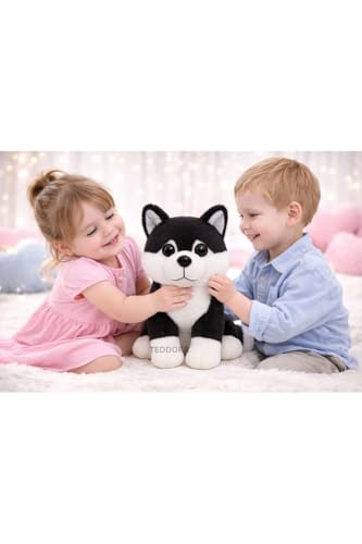 Image of Husky Dog Soft Toy for Girls Boys Kids,Black,Husky with Glitter Eye Animal Plush Stuffed Baby Teddy Gift Birthday, 30 cm