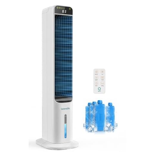 SereneLife Evaporative Air Cooler Tower with Remote, 5L Tank, 4 Ice Boxes, 3 Speeds, Quiet Standing Cooler with Oscillation for Home, Office or Bedroom, Portable & Energy Efficient, 10” x 13” x 39”