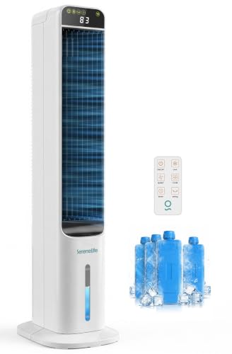 SereneLife Evaporative Air Cooler Tower with Remote, 5L Tank, 4 Ice Boxes, 3 Speeds, Quiet Standing Cooler with Oscillation for Home, Office or Bedroom, Portable & Energy Efficient, 10” x 13” x 39”