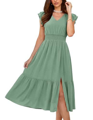Image of GRACE KARIN 2026 Womens Summer Dresses V Neck Ruffle Sleeve Floral Boho Beach Dress A-Line Swing Midi Wedding Guest Sundress