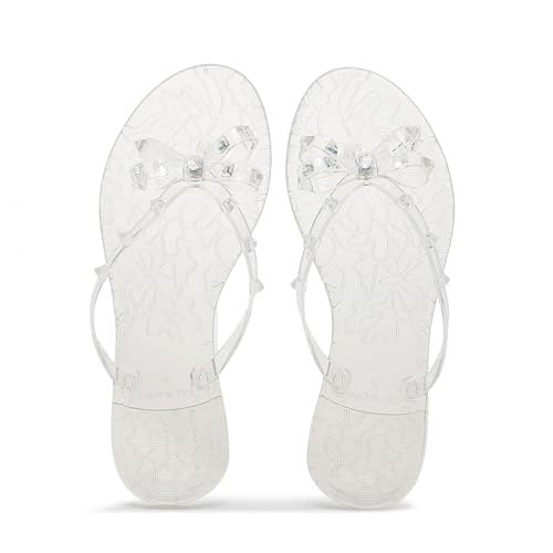 Image of Studded Jelly Shoes for Womens Bow Flip Flops Jellies Sandals Flat Black Summer Beach Thong with Rivets Strappy Slides Slip On