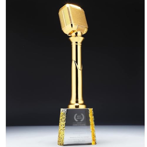 Image of BaNbe Golden Microphone Trophy Custom Engraved Text Singing Speech Contest Music Host for Party Celebrations Award Ceremony Appreciation Gift