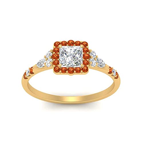 Image of Choose Your Color 14k Yellow Gold Plated Princess Shape Petite Engagement Rings Halo Edwardian Engagement Ring Everyday Wedding Jewelry Handmade Gifts for Wife : US Size 4 to 12