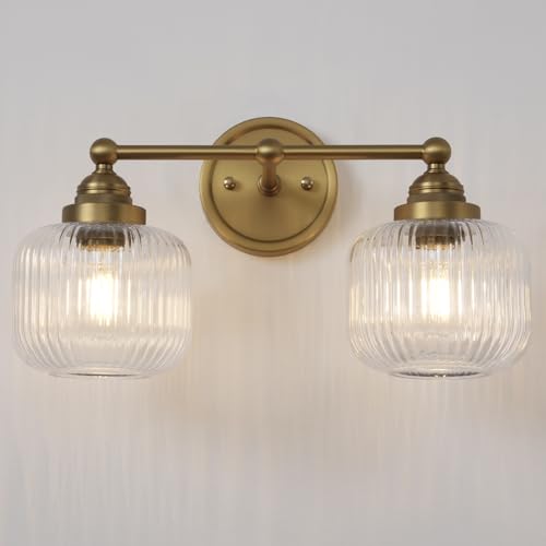 Image of Vintage 2-Lights Clear Ribbed Glass Wall Sconce Lighting | Brass Finished Double Head Bathroom Vanity Light Fixture for Bedroom Living Room Dining Room Hallway E26 Edison Screw
