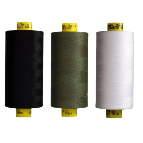 Gutermann Mara 120 Sewing Thread – 3 x 1000m Spools – Black, White & Green (Various Shades) – Strong Polyester Thread for Sewing Machines & Hand Stitching (Black,White,824)