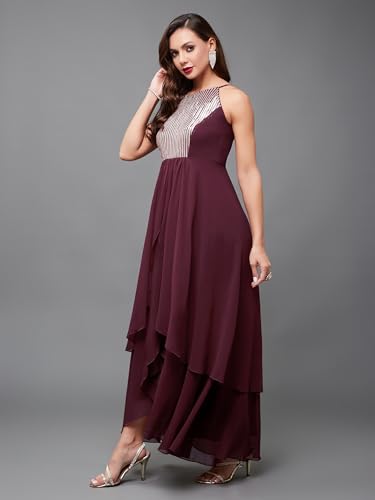 Image of Miss Chase Women's Round Neck Sleeve Embellished Fit Flare Maxi Dress